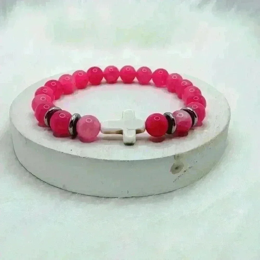 Bubble Gum Pink Beaded W/ White Cross Bracelet